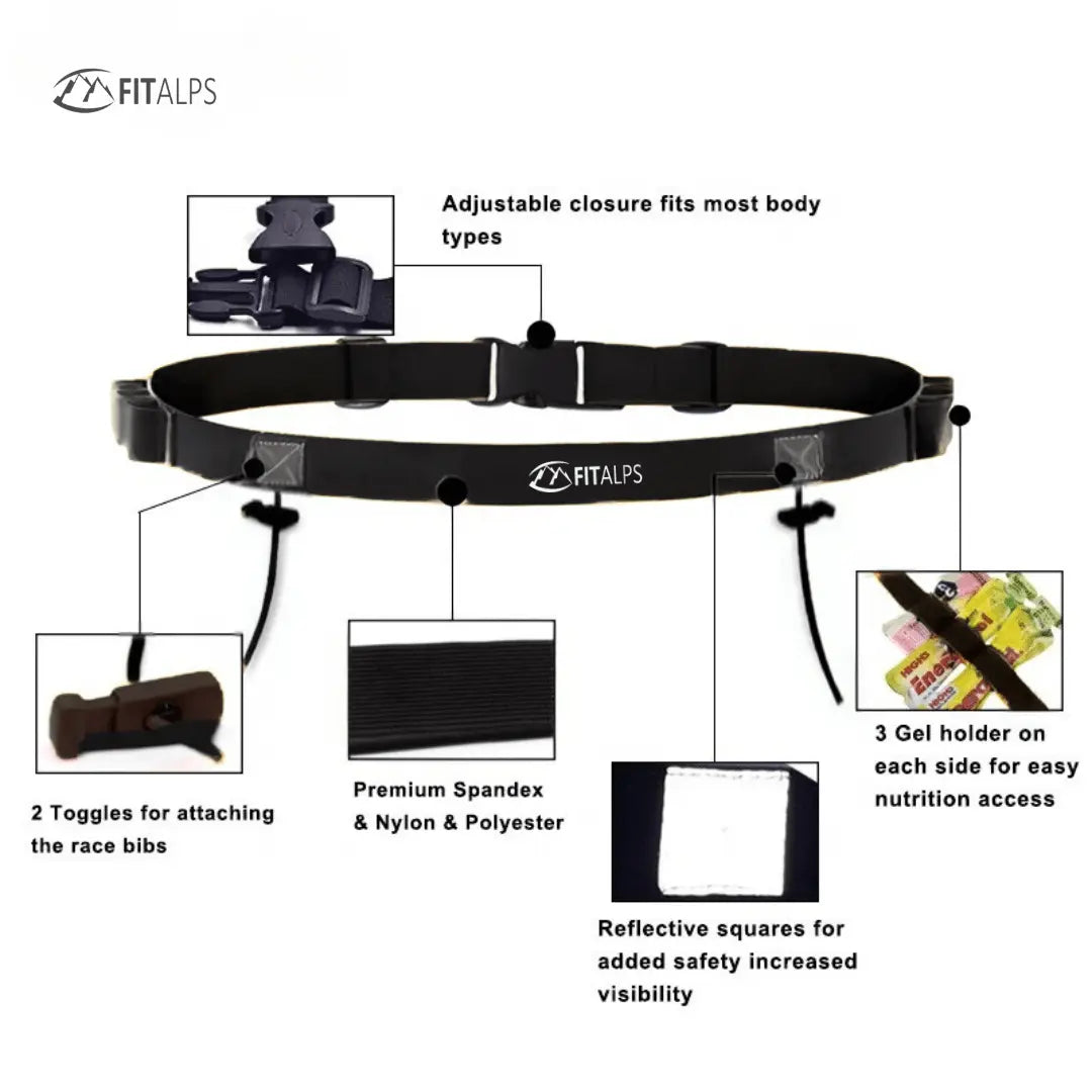 Race Number Belt – No Pins, No Hassle, Just Performance with 6 gels holders - Fitalps - Black