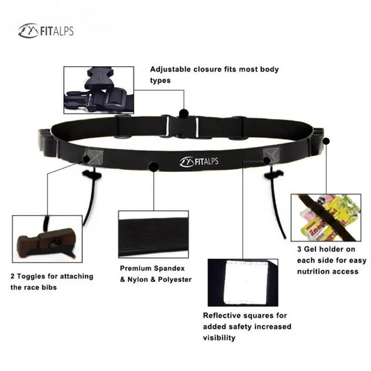 Race Number Belt – No Pins, No Hassle, Just Performance with 6 gels holders - Fitalps - Black